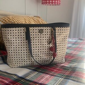 Tory Burch Natural Straw Tote with Navy Trim and Red Cherry Tassel